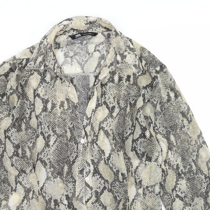 Preloved Zara Womens Beige Animal Print Polyester Basic Blouse Size S Collared - Detail