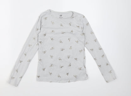 Preloved H&M Girls Grey Geometric Cotton Basic Casual Size 9-10 Years Crew Neck Pullover - Reindeer - Front