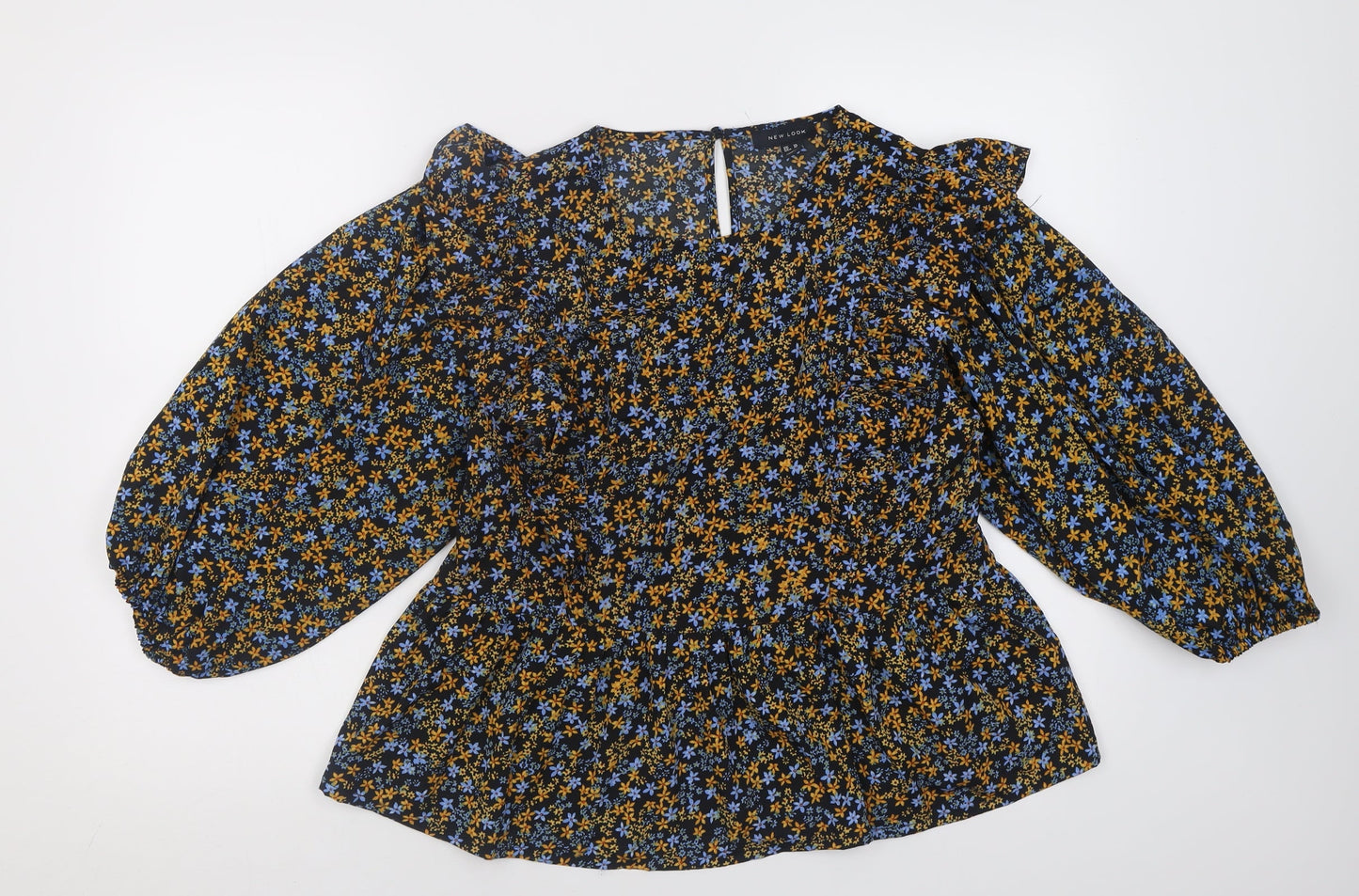 New Look Womens Yellow Floral Polyester Basic Blouse Size 14 Crew Neck