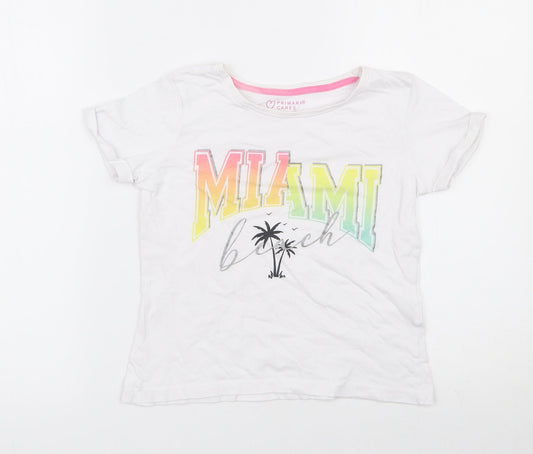 Primark Girls White  100% Cotton Basic T-Shirt Size 8-9 Years Round Neck Pullover - Miami