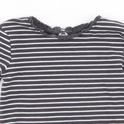 Dunnes Girls Grey Striped Cotton Jersey T-Shirt Size 2-3 Years Round Neck Button