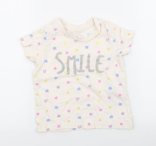 Primark Girls White Spotted 100% Cotton Jersey T-Shirt Size 3-4 Years Round Neck Pullover - smile , flowers