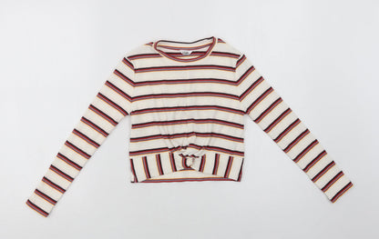 M&Co Girls Ivory Striped Cotton Basic Blouse Size 8-9 Years Crew Neck