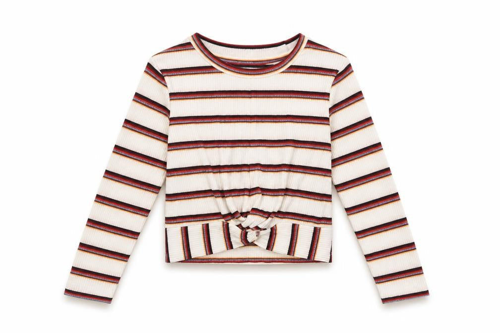 M & Co Girls Ivory Striped Cotton Basic Blouse Size 8-9 Years Crew Neck
