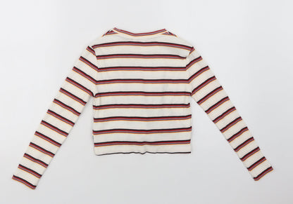 M&Co Girls Ivory Striped Cotton Basic Blouse Size 8-9 Years Crew Neck