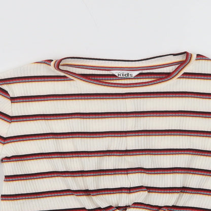 M&Co Girls Ivory Striped Cotton Basic Blouse Size 8-9 Years Crew Neck