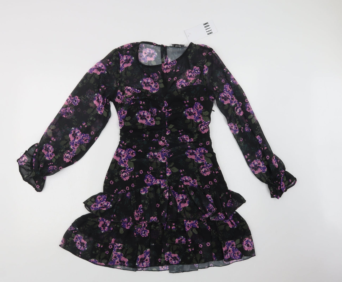 Reyon Womens Black Floral Polyester Fit & Flare  Size S  Round Neck Button