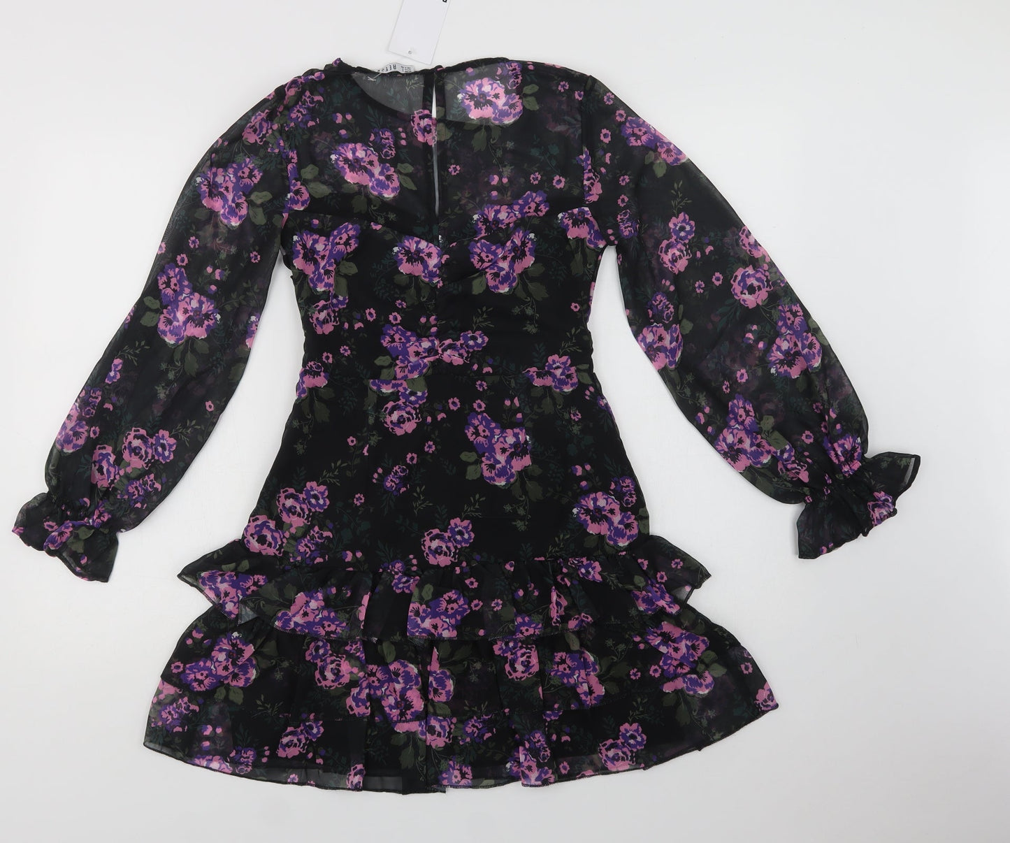 Reyon Womens Black Floral Polyester Fit & Flare  Size S  Round Neck Button