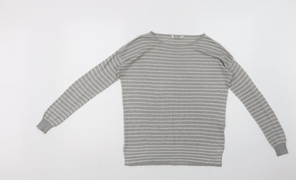 Pull&Bear Womens Grey Crew Neck Striped Acrylic Pullover Jumper Size S