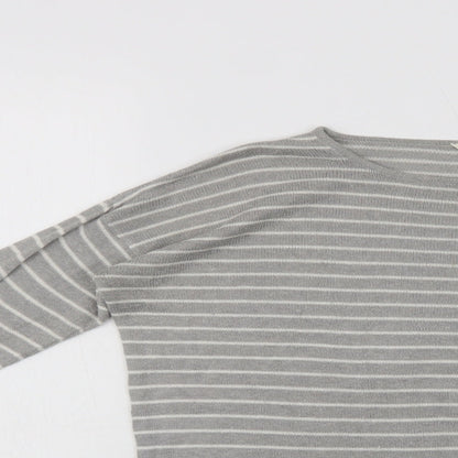 Pull&Bear Womens Grey Crew Neck Striped Acrylic Pullover Jumper Size S