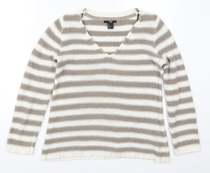 H&M Womens Beige V-Neck Striped Cotton Pullover Jumper Size S