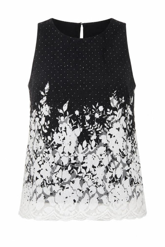 F&F Womens Black Floral Polyester Basic Blouse Size 8 Round Neck - Lace Overlay, Scalloped edging