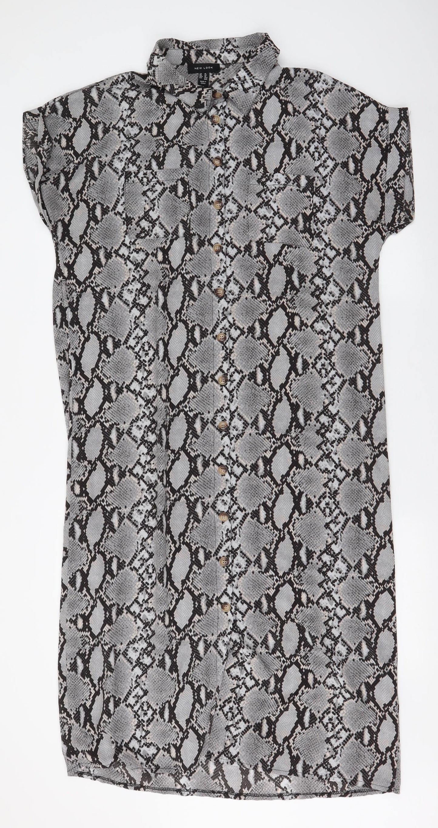 New Look Womens Grey Animal Print Polyester Maxi  Size 14  Collared Button