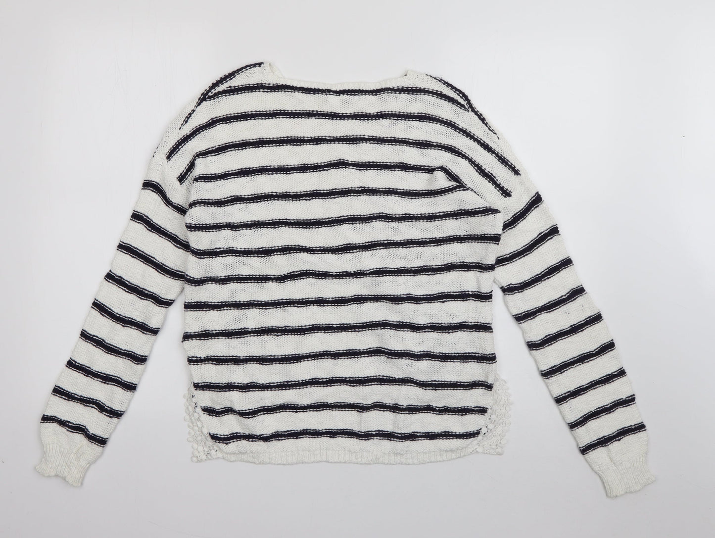 New Look Womens White Round Neck Striped Cotton Pullover Jumper Size 8