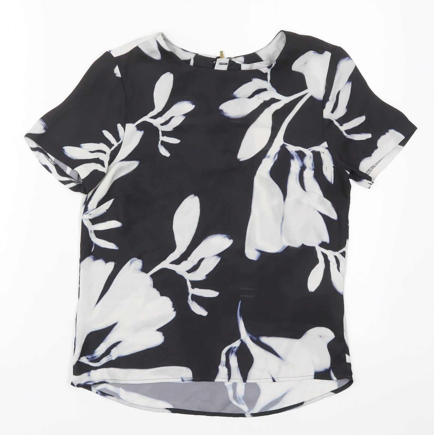 H&M Womens Black Floral Polyester Basic Blouse Size 6 Round Neck