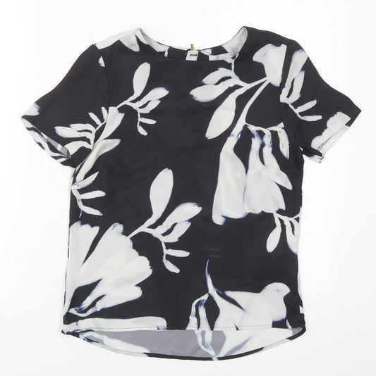 H&M Womens Black Floral Polyester Basic Blouse Size 6 Round Neck