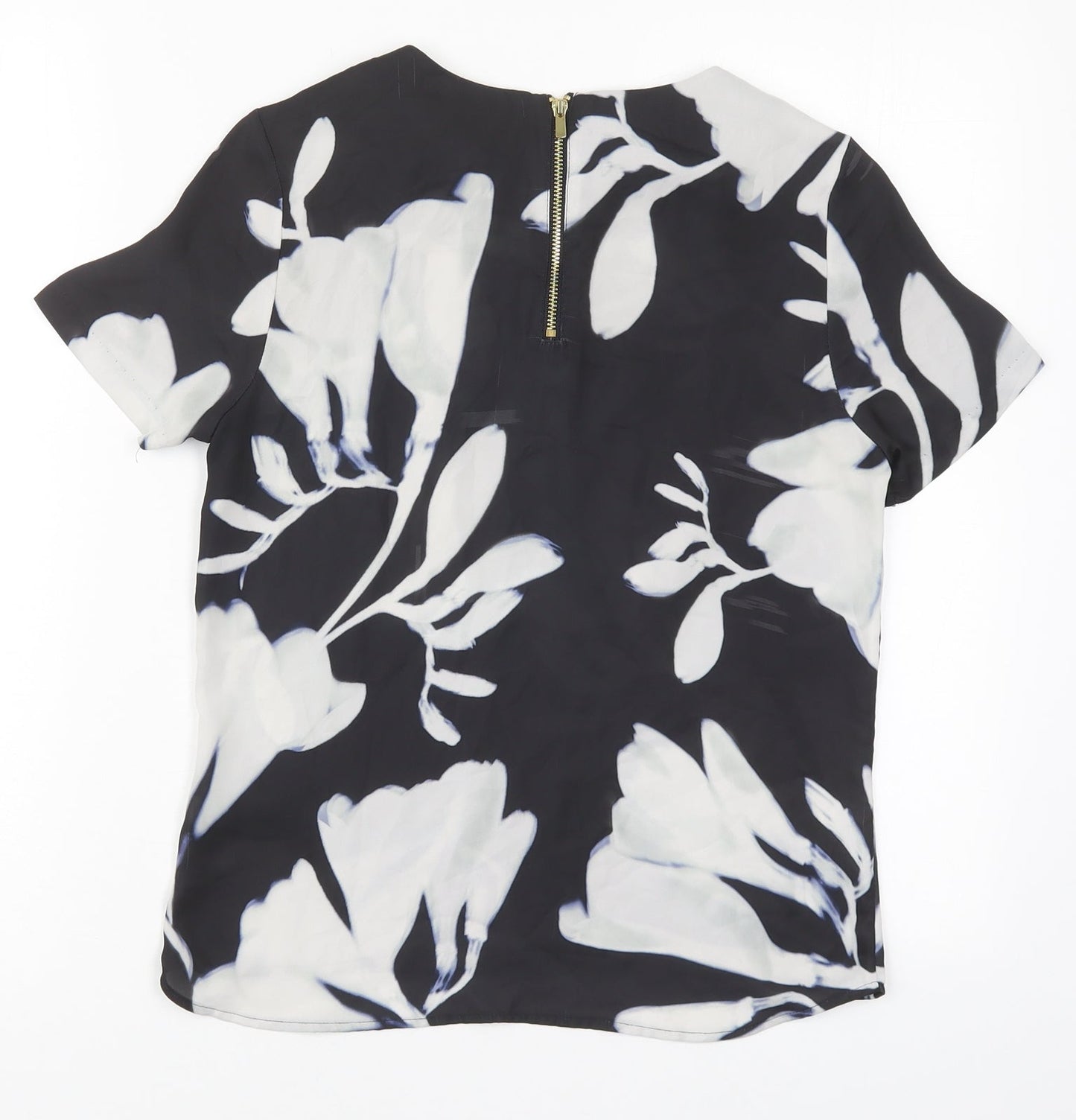 H&M Womens Black Floral Polyester Basic Blouse Size 6 Round Neck