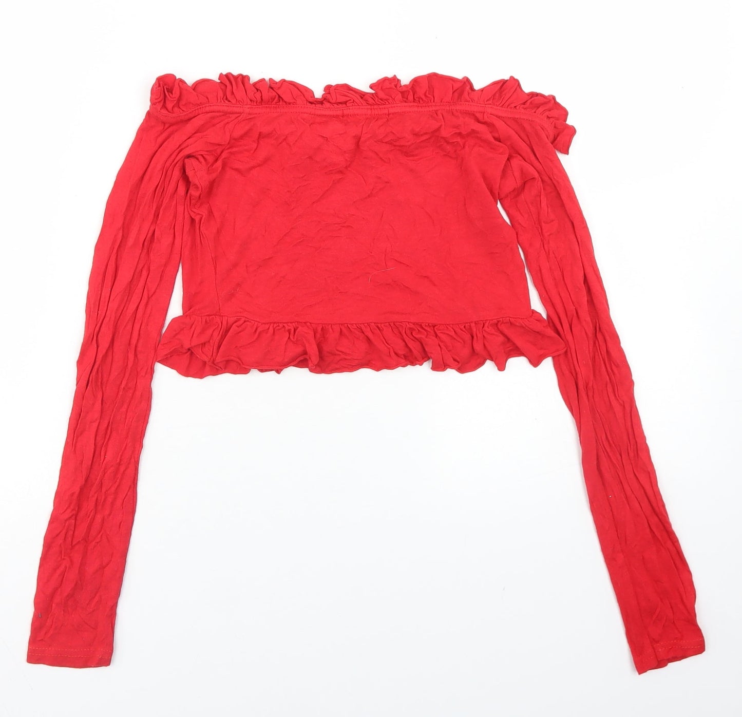 PRETTYLITTLETHING Womens Red  Viscose Cropped T-Shirt Size 8 Off the Shoulder