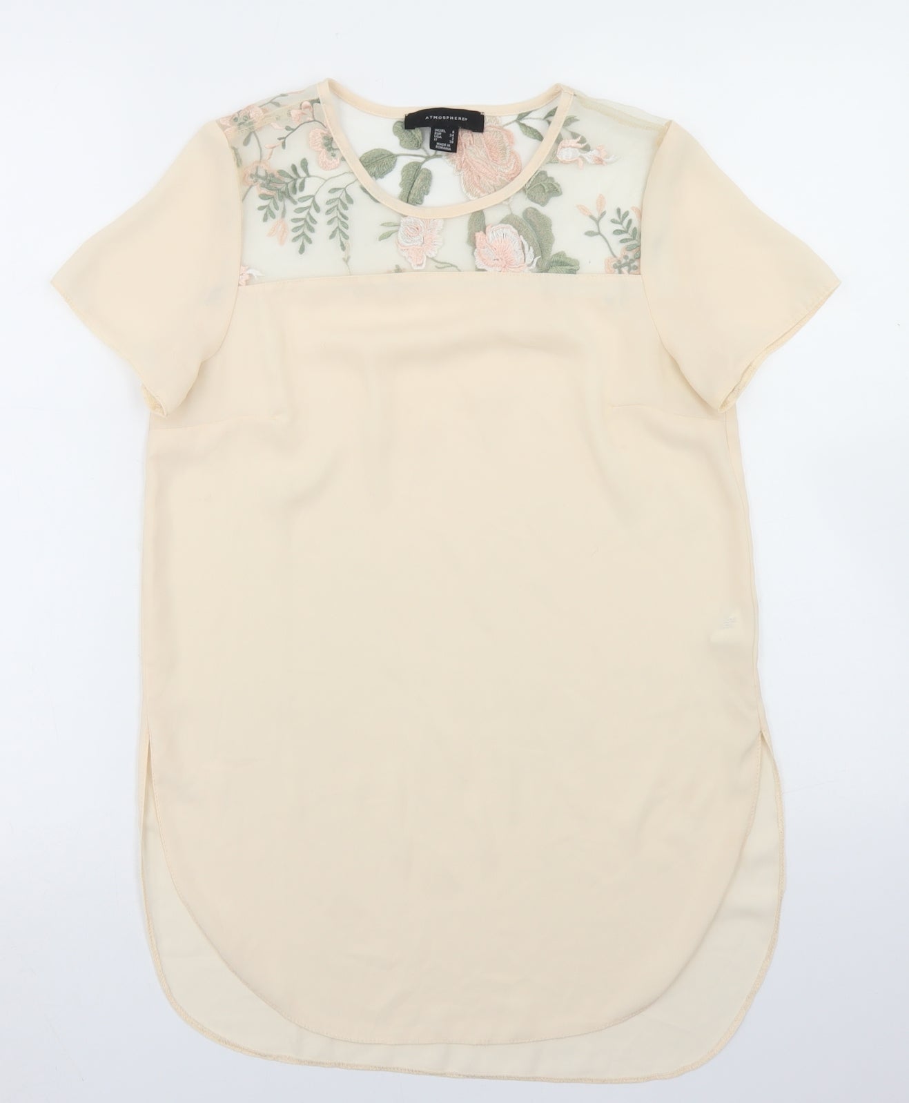 Atmosphere Womens Beige Floral Nylon Basic Blouse Size 6 Crew Neck - Mesh Panel