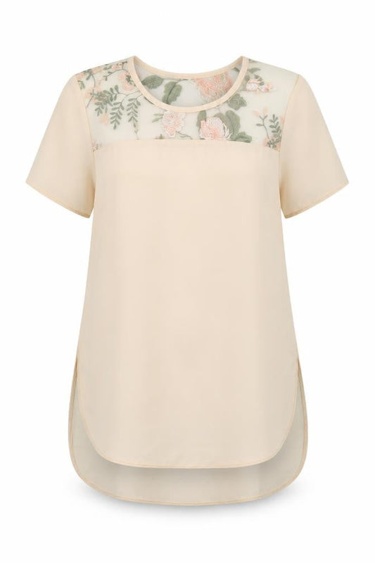 Atmosphere Womens Beige Floral Nylon Basic Blouse Size 6 Crew Neck - Mesh Panel