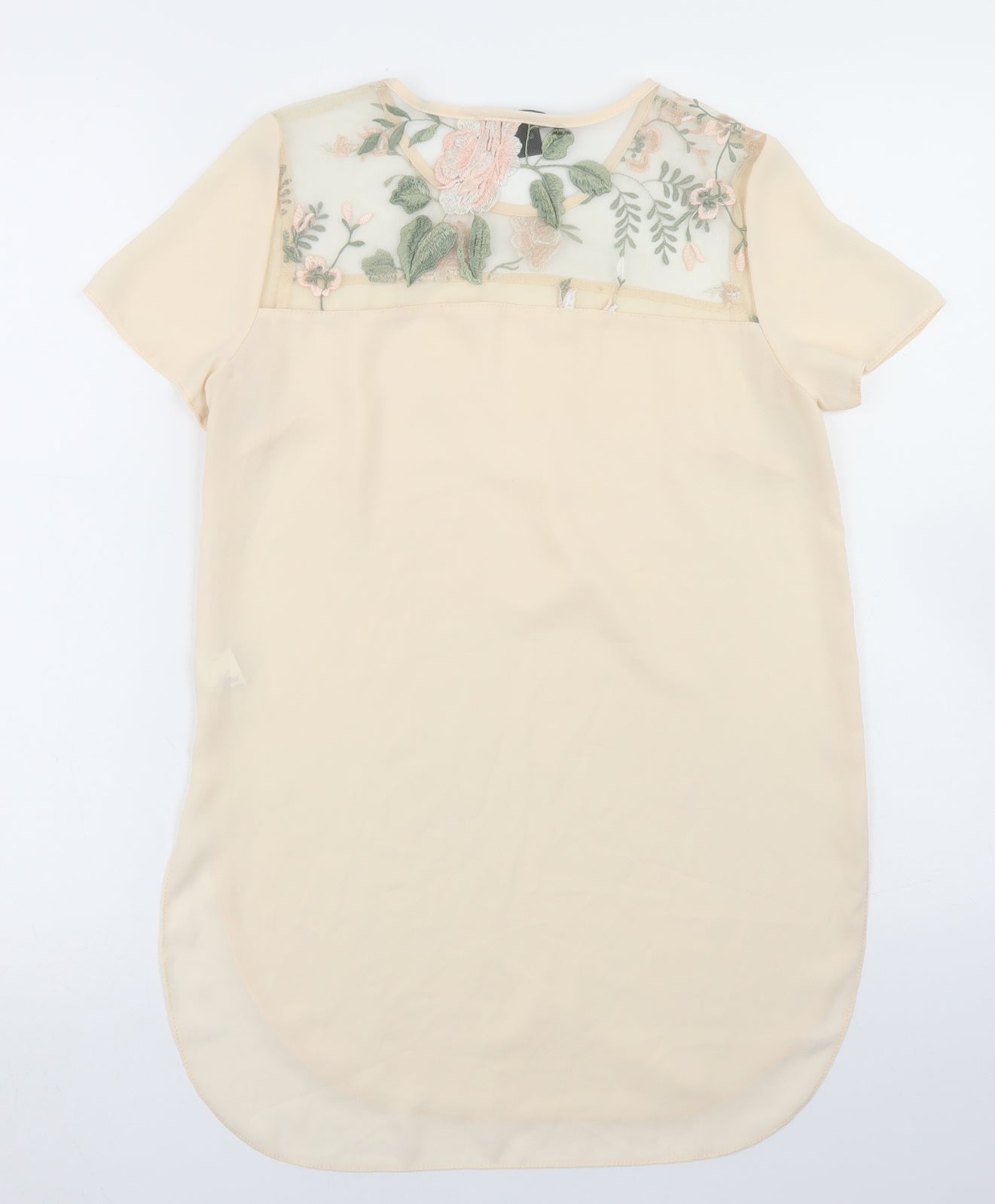 Atmosphere Womens Beige Floral Nylon Basic Blouse Size 6 Crew Neck - Mesh Panel