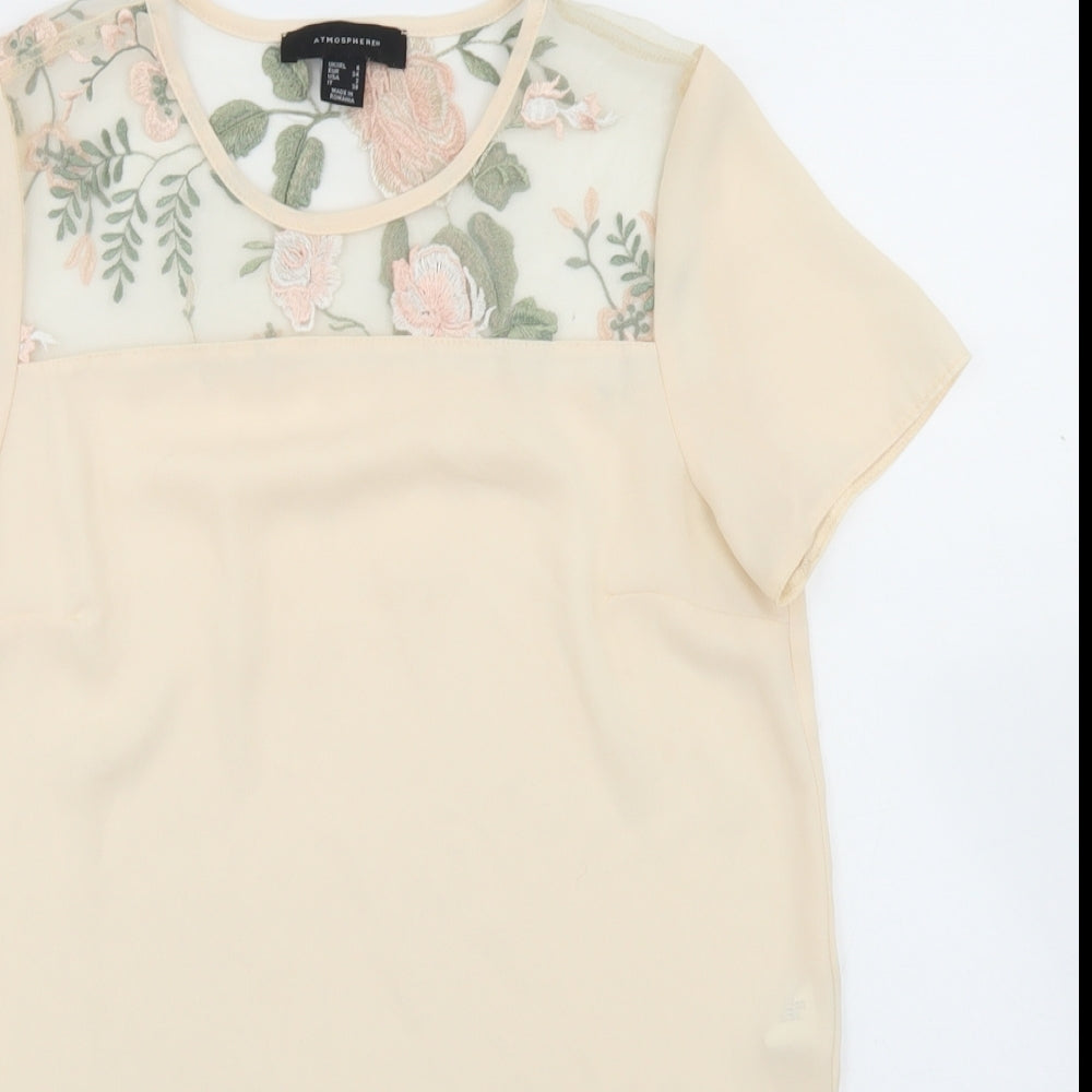 Atmosphere Womens Beige Floral Nylon Basic Blouse Size 6 Crew Neck - Mesh Panel