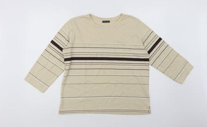 Dunnes Womens Beige Striped Cotton Basic Blouse Size 10 Crew Neck