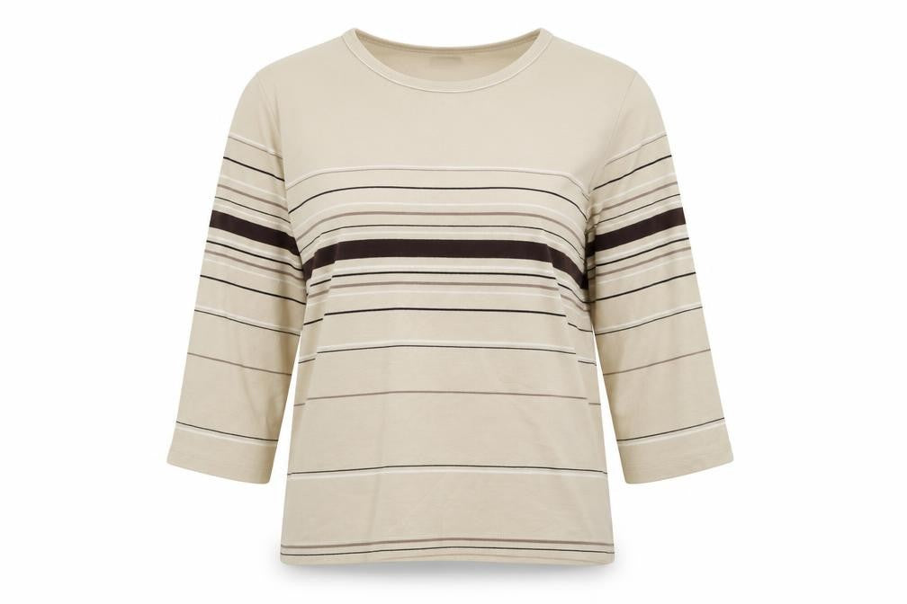 Dunnes Stores Womens Beige Striped Cotton Basic Blouse Size 10 Crew Neck
