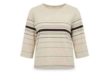 Dunnes Womens Beige Striped Cotton Basic Blouse Size 10 Crew Neck