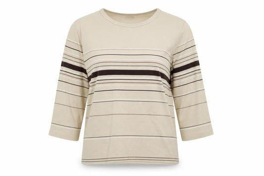 Dunnes Womens Beige Striped Cotton Basic Blouse Size 10 Crew Neck