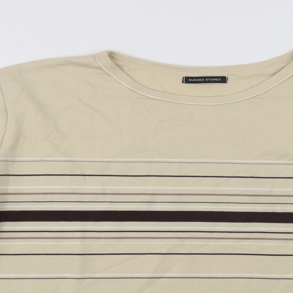 Dunnes Stores Womens Beige Striped Cotton Basic Blouse Size 10 Crew Neck