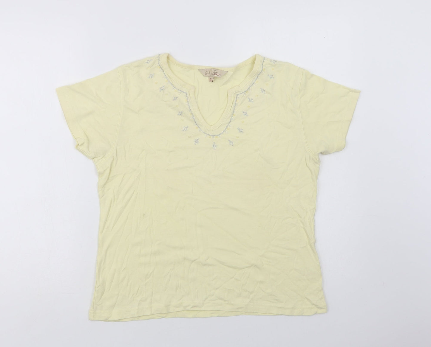 EWWM Womens Yellow  Cotton Basic T-Shirt Size M V-Neck