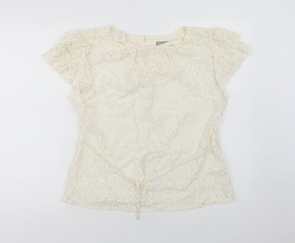 Preloved A Wear Womens Ivory  Cotton Basic Blouse Size 14 Round Neck - Lace Overlay - Front