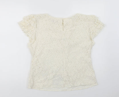 Preloved A Wear Womens Ivory  Cotton Basic Blouse Size 14 Round Neck - Lace Overlay - Back