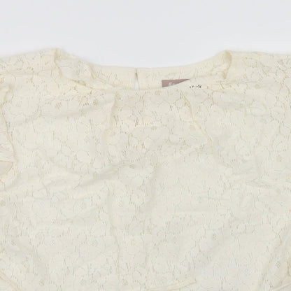 Preloved A Wear Womens Ivory  Cotton Basic Blouse Size 14 Round Neck - Lace Overlay - Detail