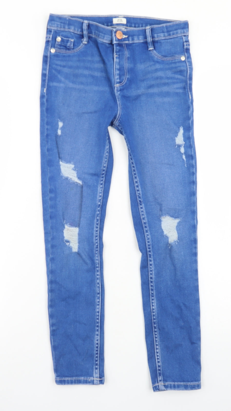 River Island Girls Blue  Cotton Skinny Jeans Size 9 Months  Regular Button - Distressed