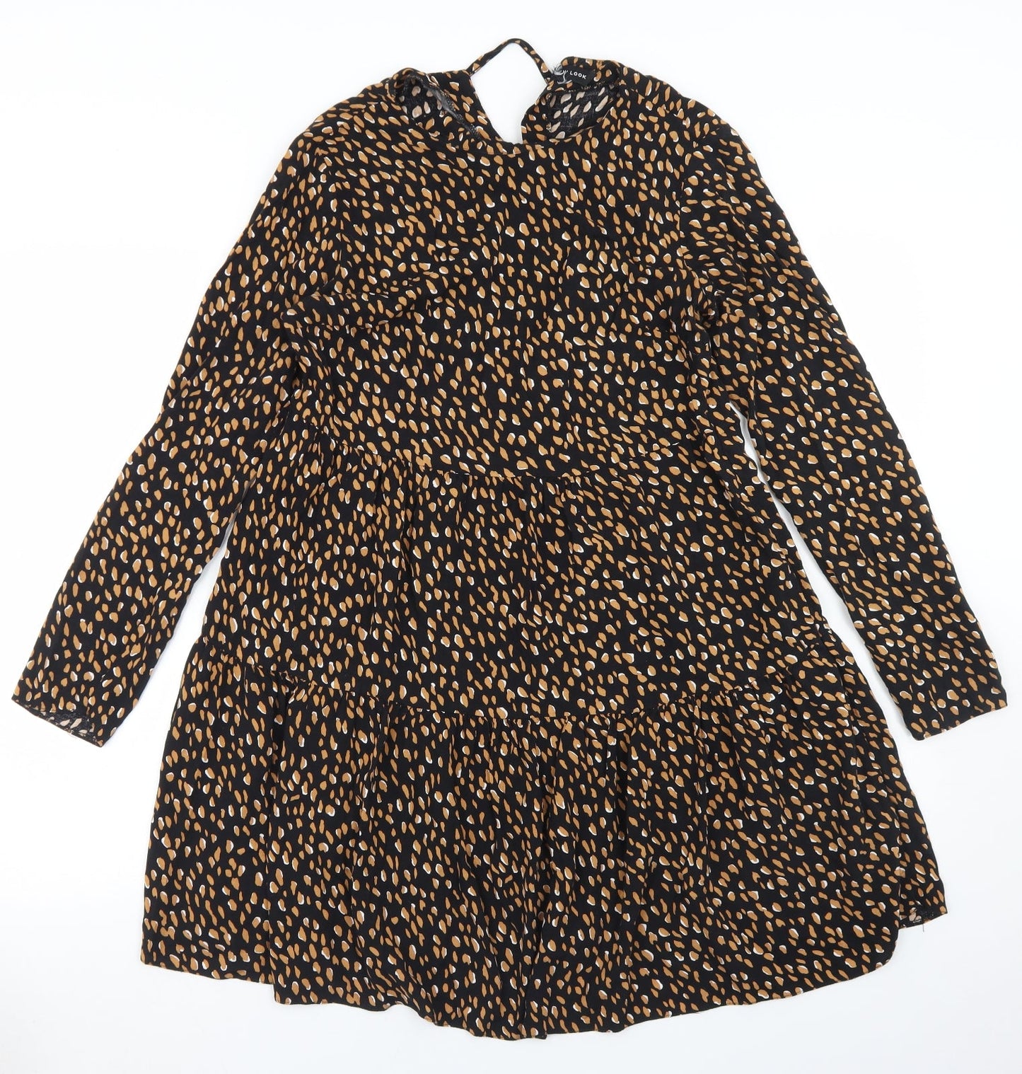 New Look Womens Black Animal Print Viscose Fit & Flare  Size 8  Round Neck Tie