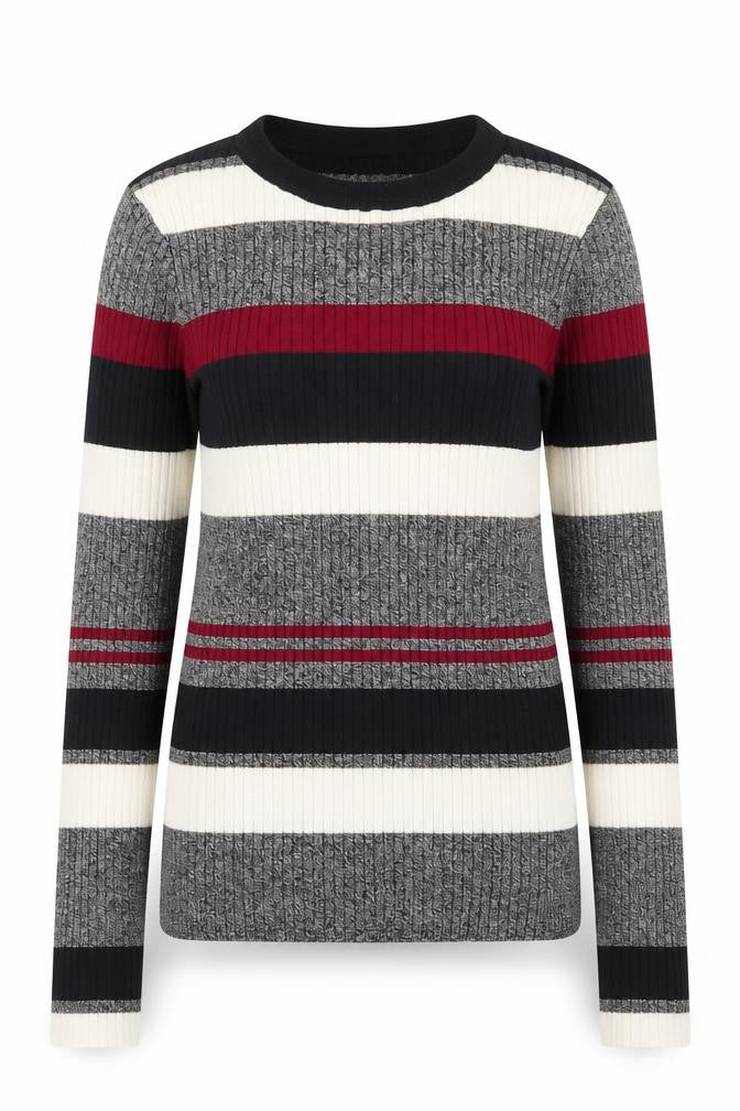 H&M Womens Grey Round Neck Striped Acrylic Pullover Jumper Size S