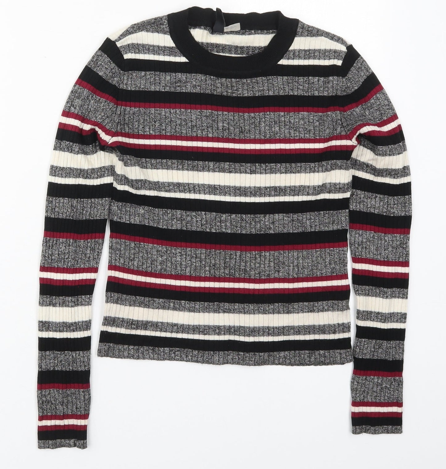 H&M Womens Grey Round Neck Striped Acrylic Pullover Jumper Size S