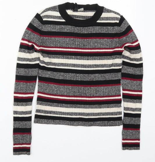 H&M Womens Grey Round Neck Striped Acrylic Pullover Jumper Size S
