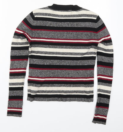 H&M Womens Grey Round Neck Striped Acrylic Pullover Jumper Size S