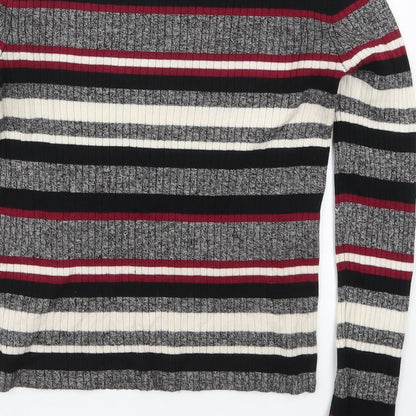 H&M Womens Grey Round Neck Striped Acrylic Pullover Jumper Size S
