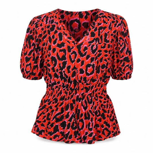 F&F Womens Red Animal Print Viscose Basic Blouse Size 6 V-Neck
