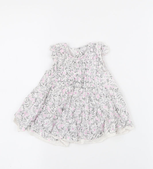 George Girls White Floral 100% Cotton Skater Dress  Size 0-3 Months  Round Neck Button
