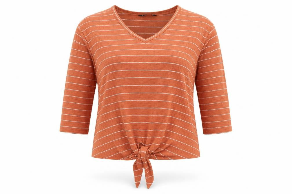 Dunnes Stores Womens Orange Striped Polyester Jersey Blouse Size M V-Neck