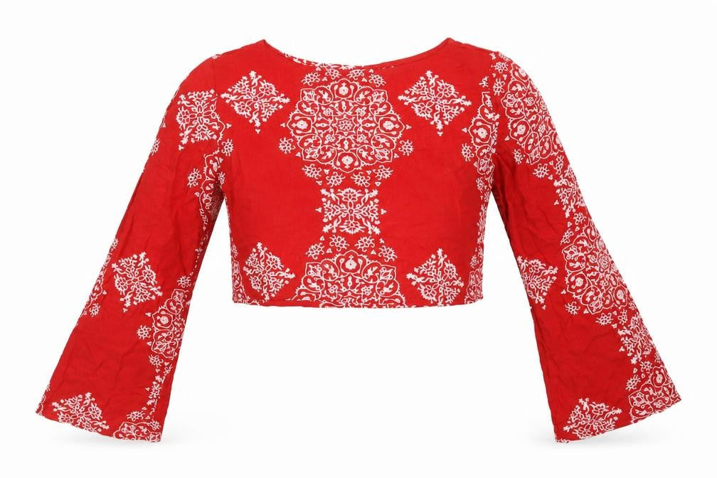 Boohoo Womens Red Floral Viscose Cropped Blouse Size 6 Round Neck