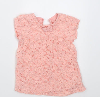 Dunnes Girls Pink Floral Cotton Basic T-Shirt Size 3-6 Months Crew Neck Button