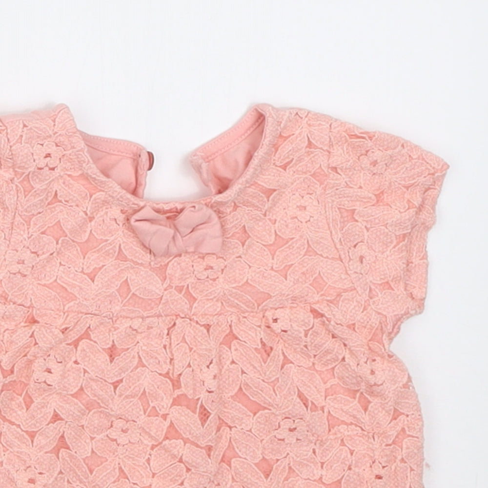Dunnes Girls Pink Floral Cotton Basic T-Shirt Size 3-6 Months Crew Neck Button