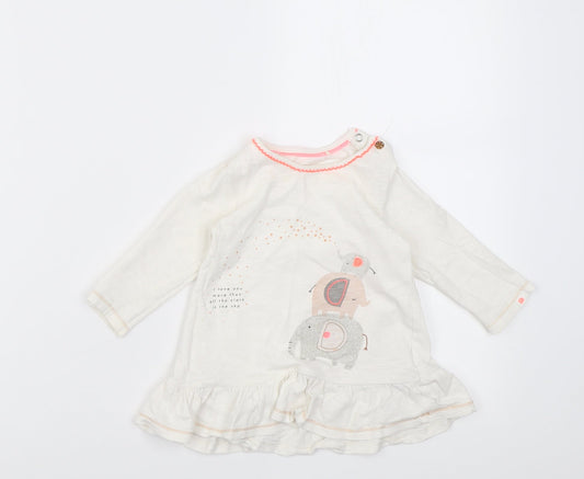 Mothercare Girls White  Cotton Tunic Casual Size 6-9 Months Crew Neck Button - elephant