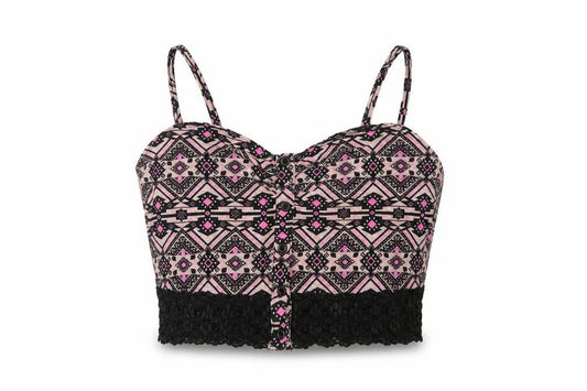 New Look Womens Pink Geometric Cotton Cropped Tank Size 12 V-Neck - Lace Detail